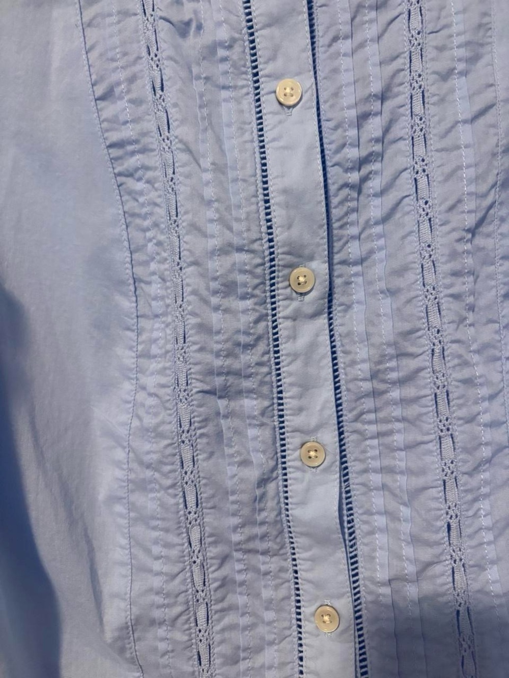 Light blue 100% cotton button-up blouse with puff sleeves lace trim blouse large - Picture 4 of 8
